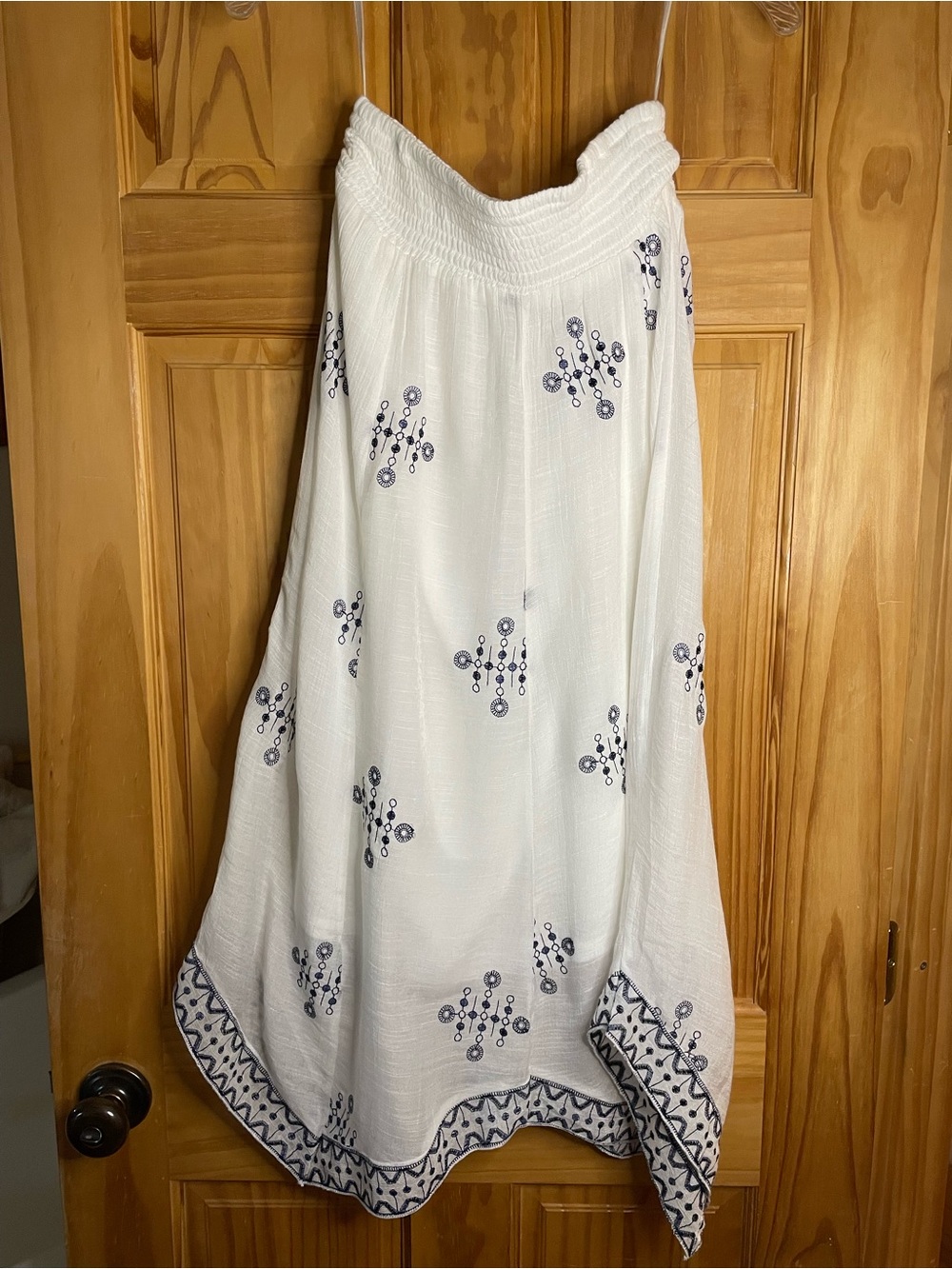 White Embroidered Midi Skirt with Navy Motifs